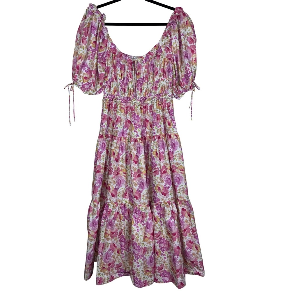 Sofie The Label Floral Smocked Puff Sleeve Tiered Midi Dress Medium Cottagecore